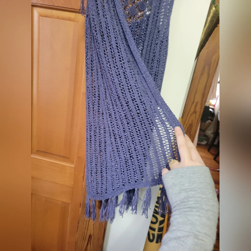 Girls Justice Long Crochet Knit Fringe Open-Front Vest Cardigan Dusty Blue 8/10